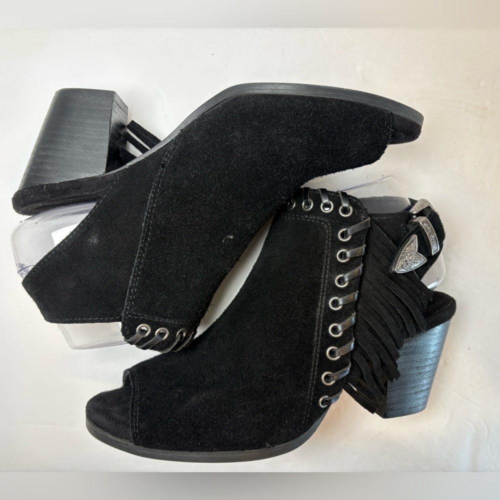 Minnetonka Mae black leather fringe western buckle slingback clogs mules size 8
